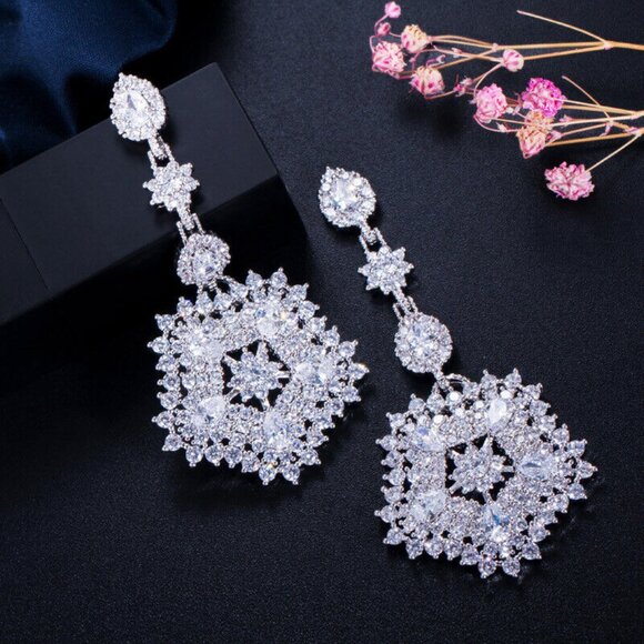 Chic Cubic Zirconia 925 Silver Long Big Drop Earrings for Women Party - Picture 1 of 5